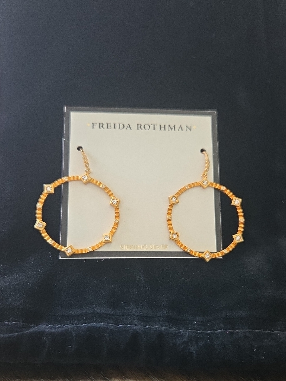 Freida Rothman Sterling Silver Gold Plated Hoop Earrings with Crystal Accents